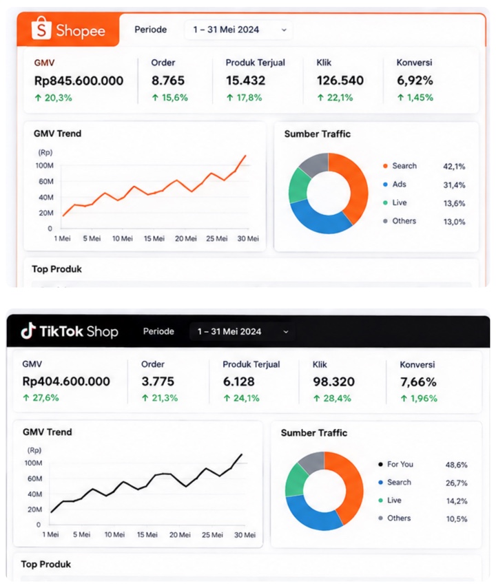 Dashboard performa Shopee dan TikTok Shop